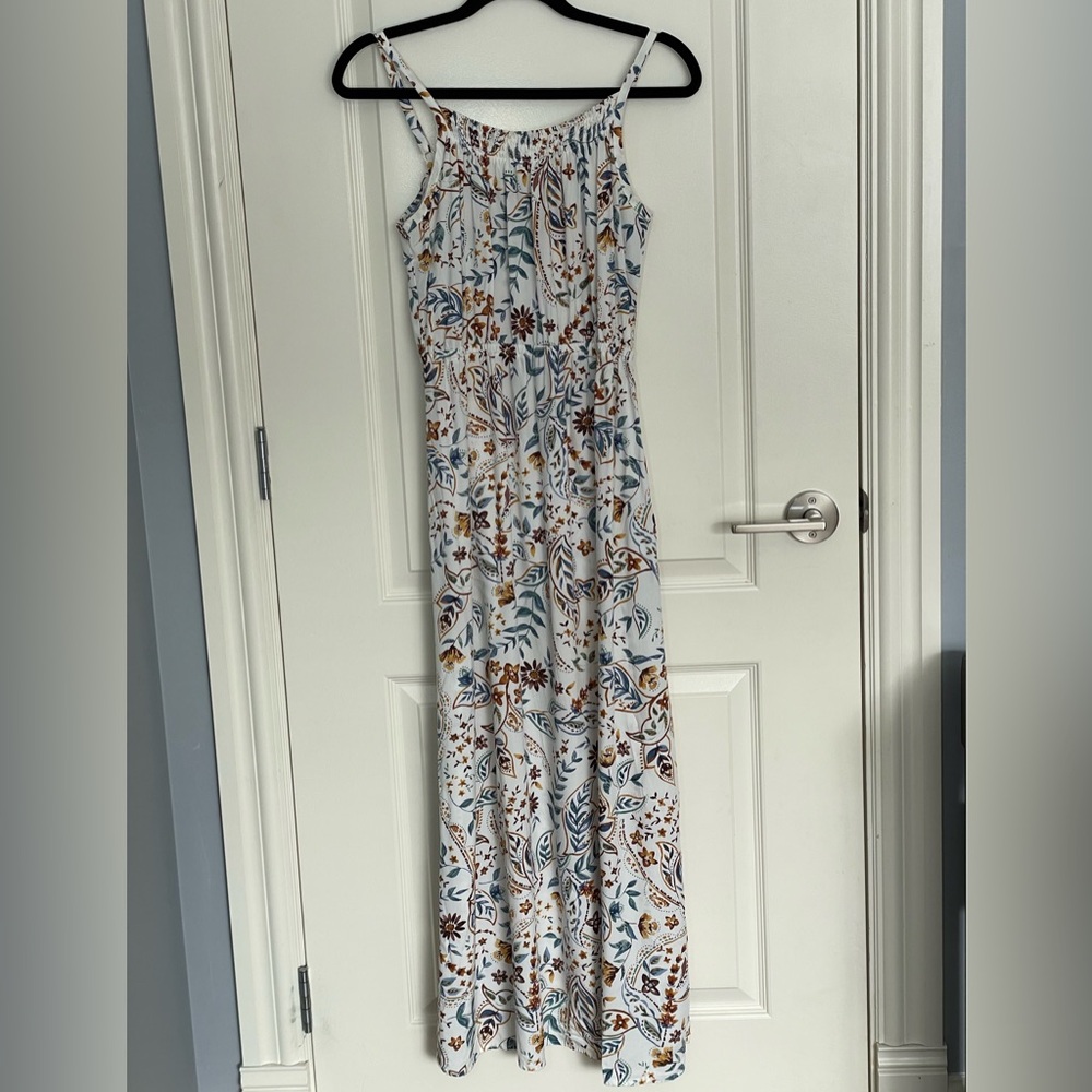 REITMANS Ecru Floral Maxi Dress Adjustable Straps Elastic Waist Side Slit Size S